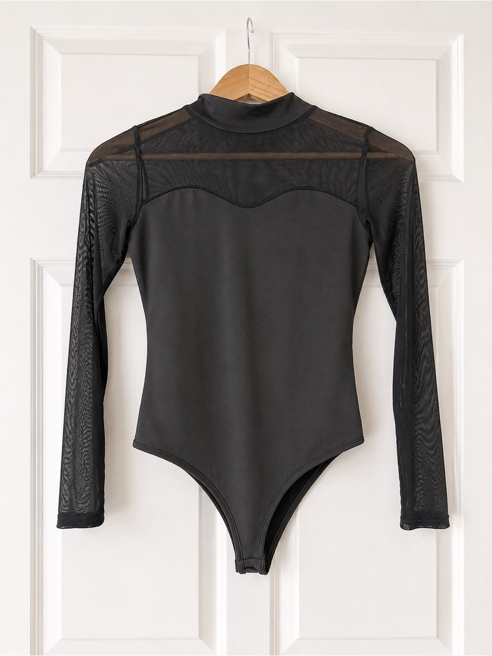 Women’s Black Mesh Mock Neck Long Sleeve Bodysuit Sheer Stretch Size Small